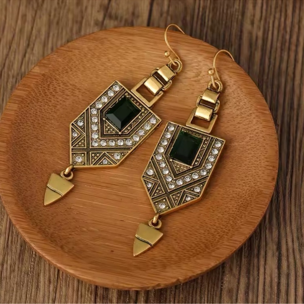 Marquis Ethnic Vintage Emerald Bronze Brushed Earrings - Picture 2 of 9